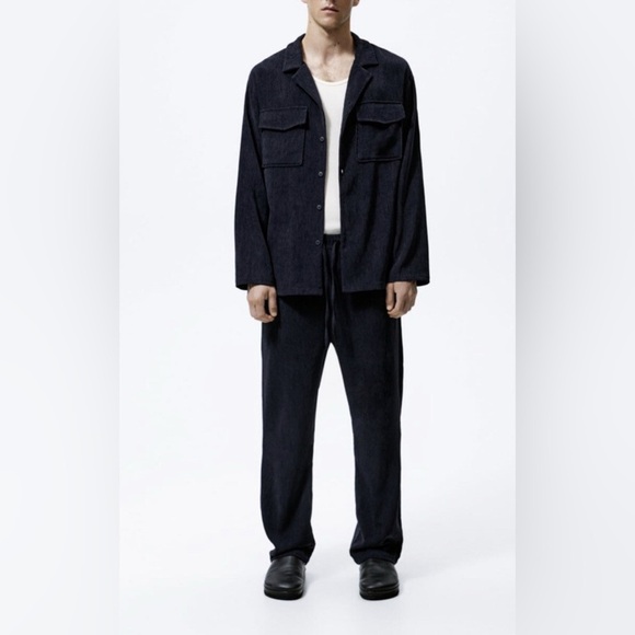 ZARA Man Large Navy Blue Relaxed Fit Corduroy Suit Button Down Shirt Shacket - Picture 5 of 16